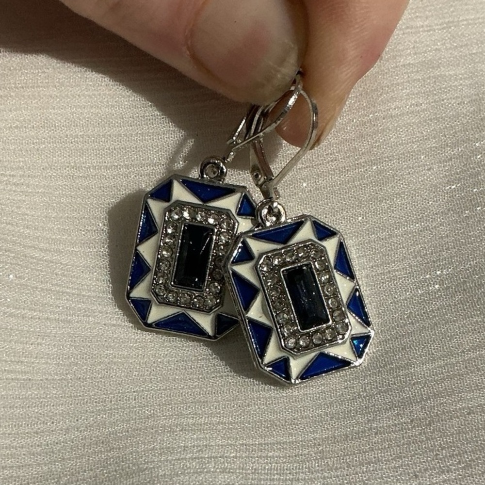 Art Deco Blue White &Silver GeometricVintage 1920s Style Earrings